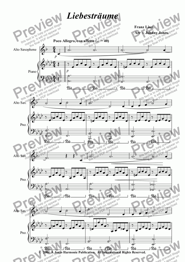 page one of Liebestraume   (Alto Sax and Piano)