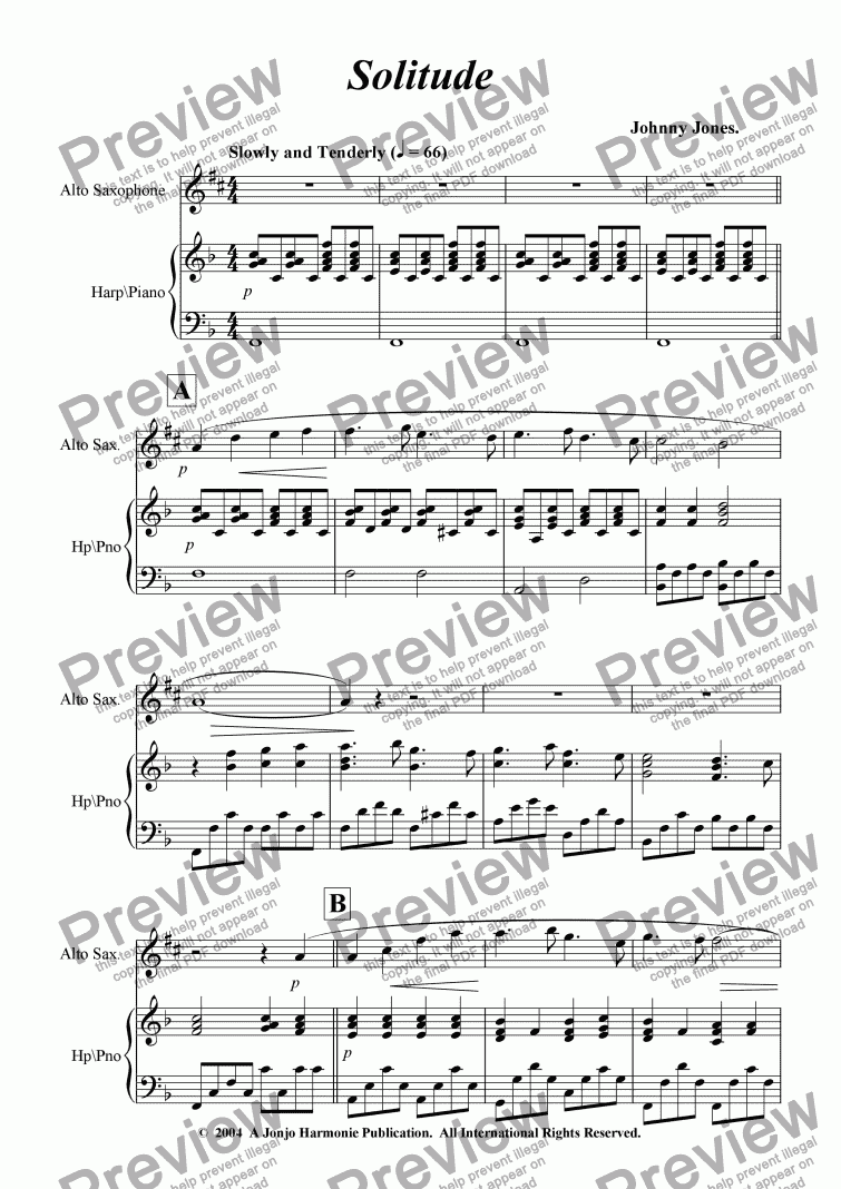 page one of Solitude   (Alto Sax and Piano)