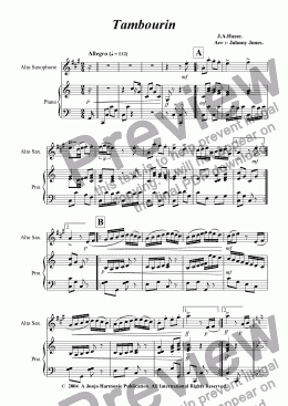 page one of Tambourin   (Hasse's,  Alto Sax and Piano)