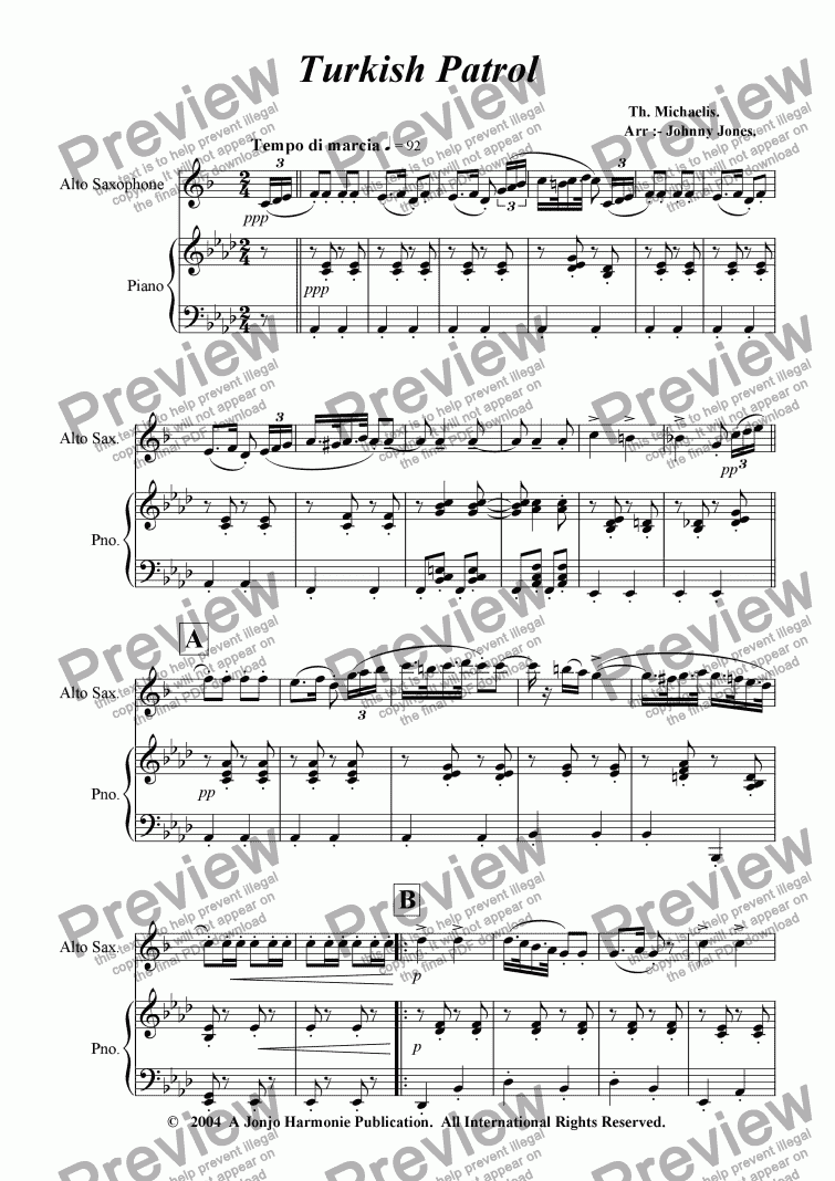 page one of Turkish Patrol   (Alto Sax and Piano)