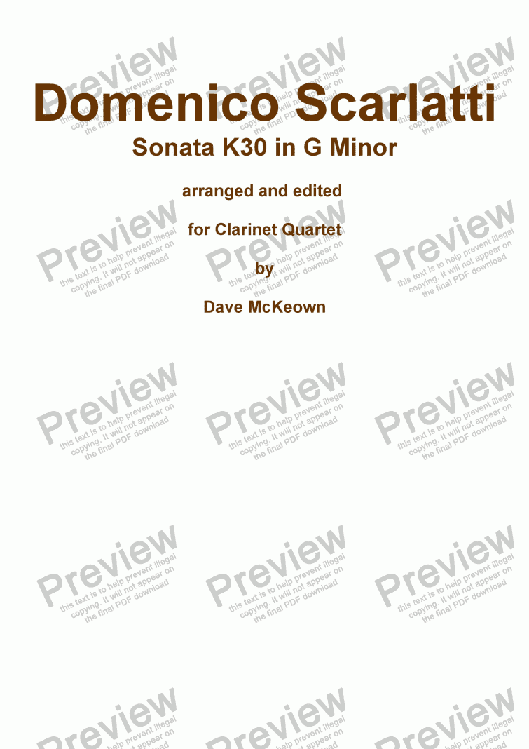 page one of Scarlatti ’The Cat’ Sonata K30 for Clarinet Quartet
