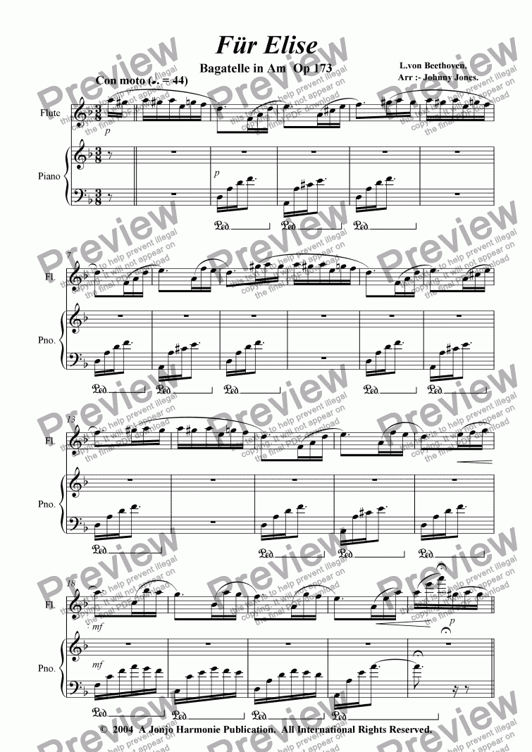 page one of Fur Elise  (from Bagatelle in Am Op. 173. (Flute and Piano)