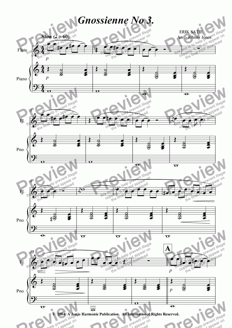 page one of Gnossienne No 3.   (Flute and Piano)