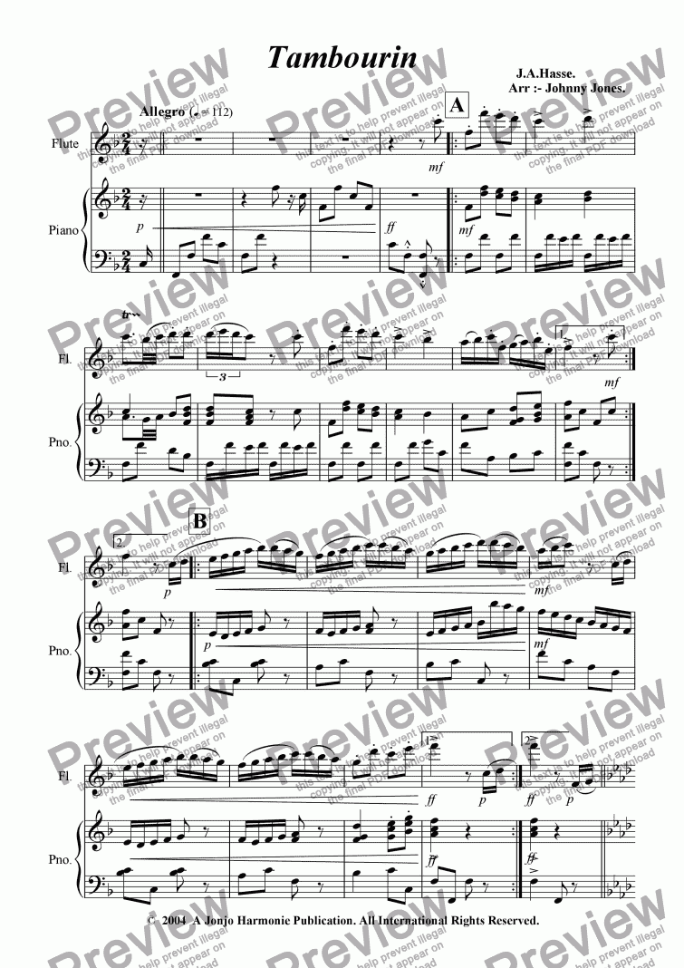 page one of Tambourin   (Hasse's,  Flute and Piano)