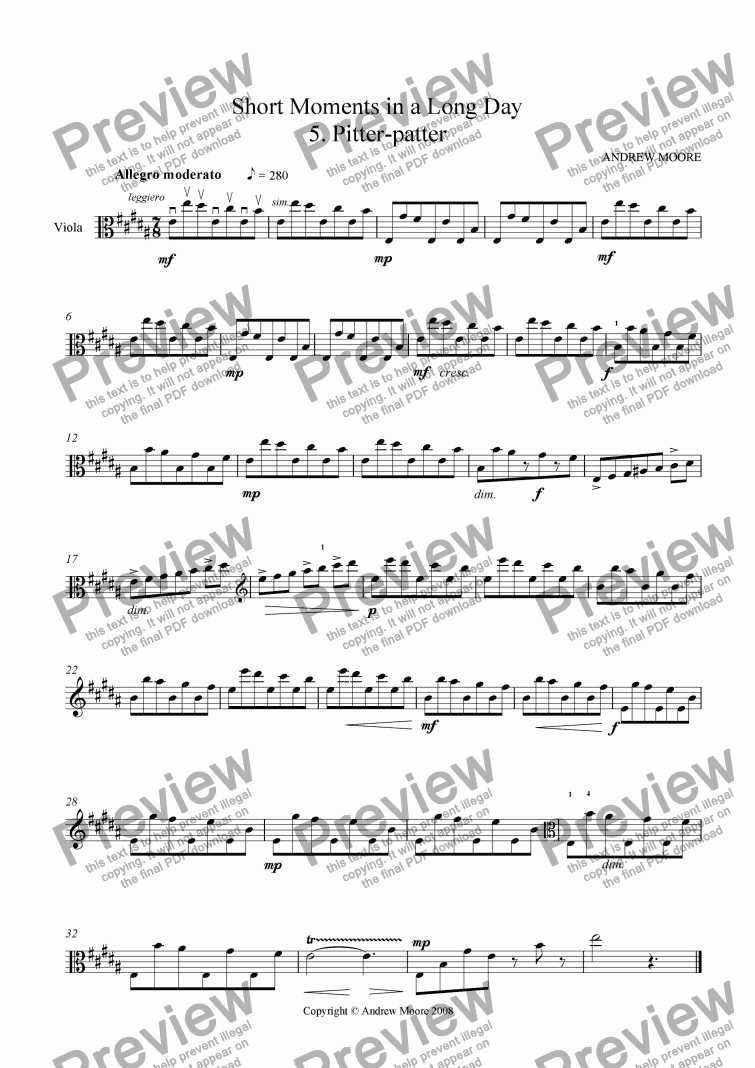 page one of Short Moments in a Long Day No 5 'Pitter-Patter' for solo viola
