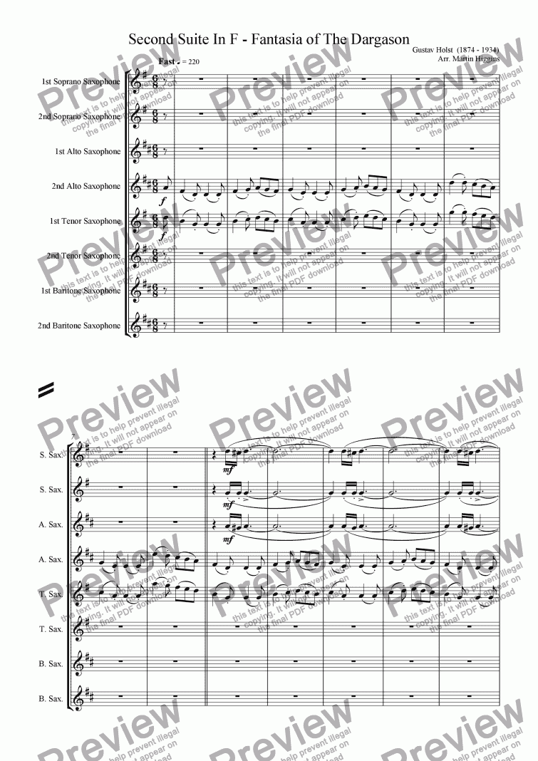 page one of Second Suite In F - 4. "Fantasia of The Dargason" (Saxophone Octet)