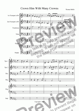 page one of Crown Him With Many Crowns arranged for organ and brass quartet