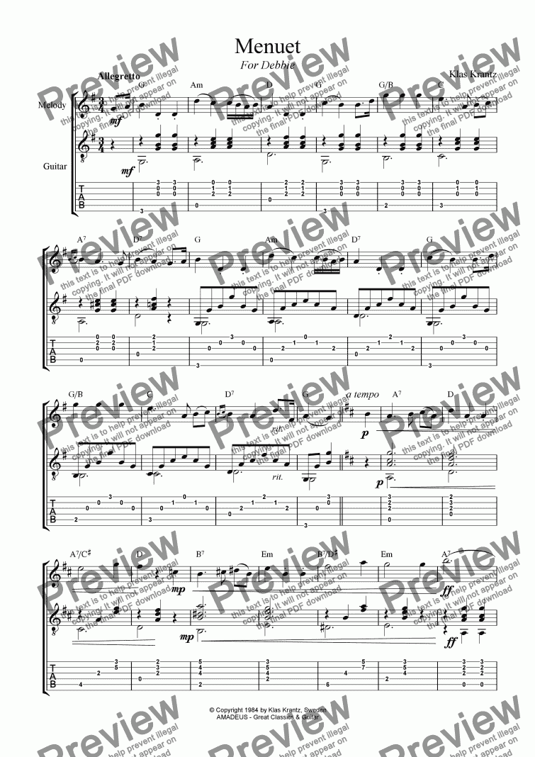 page one of Menuet for Debbie, melody and guitar (+TAB)