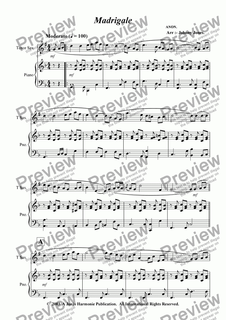 page one of Madrigale   (Tenor Sax and Piano)