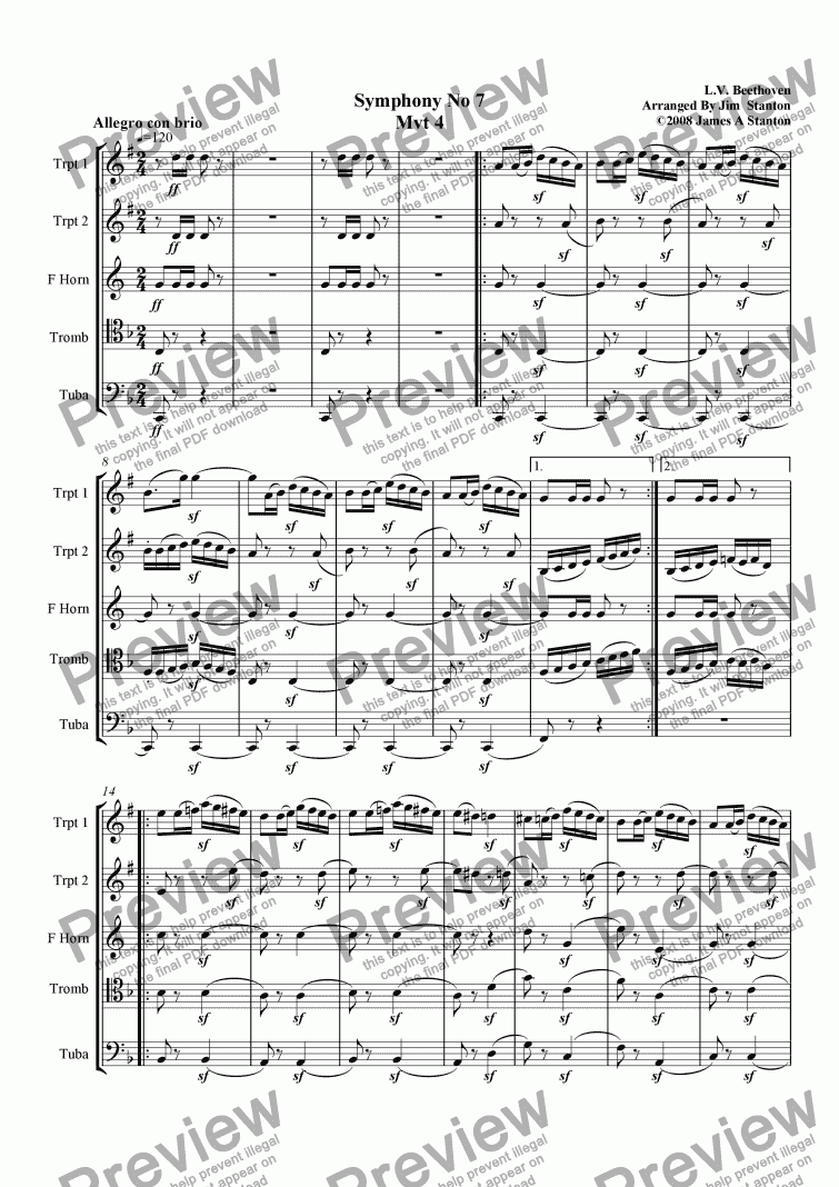 page one of Beethoven - Sym No 7 Mvt 4 for Brass Quintet