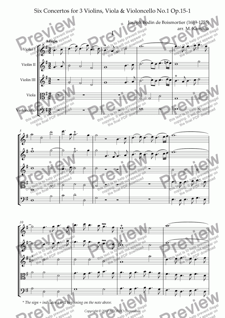 page one of Six Concertos No.1 for three Violins, Viola & Violoncello Op.15-1