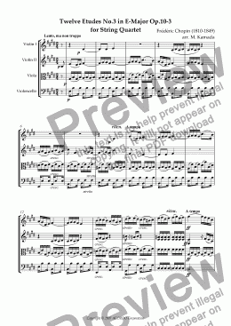 page one of Twelve Etudes No.3 in E-Major Op.10-3 for String Quartet