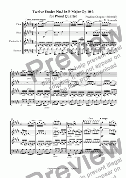 page one of Twelve Etudes No.3 in E-Major Op.10-3 for Wood Quartet