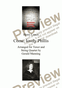 page one of English Song: Lawes, H. - Come, lovely Phillis - arranged for Tenor & String Quartet by Gerald Manning