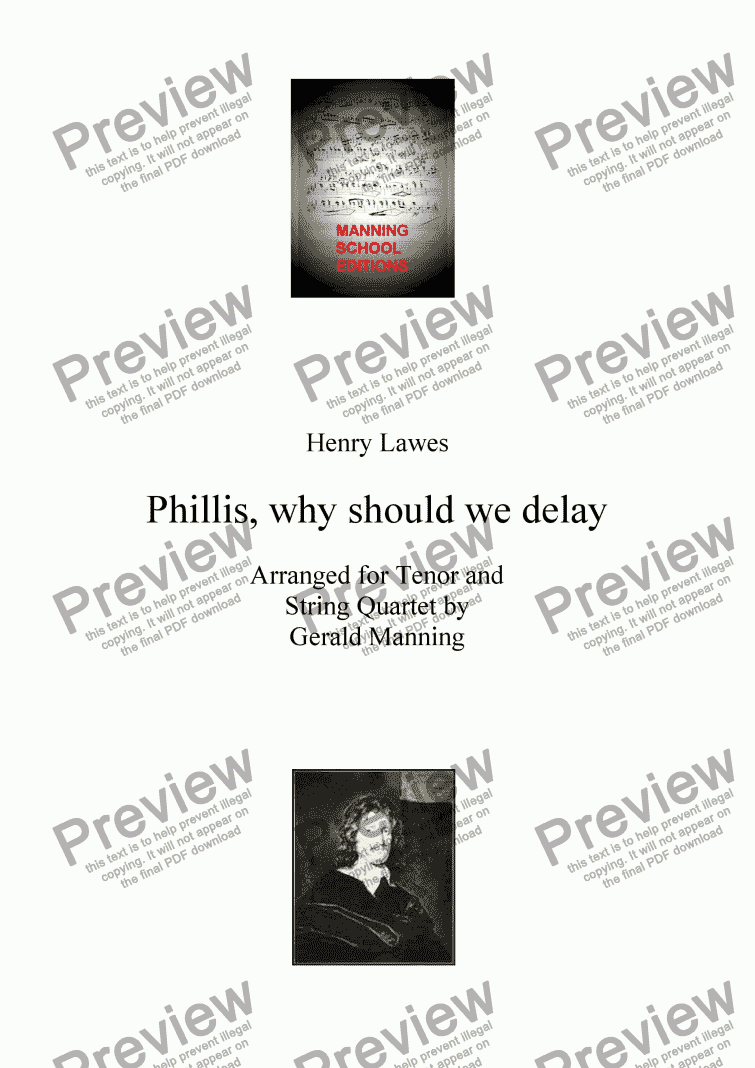 page one of English Song: Lawes, H. - Phillis, why should we delay - arranged for Tenor & String Quartet by Gerald Manning