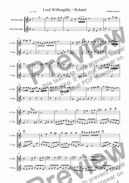 page one of Lord Willoughby's Welcome Home, for Treble and Tenor Recorders