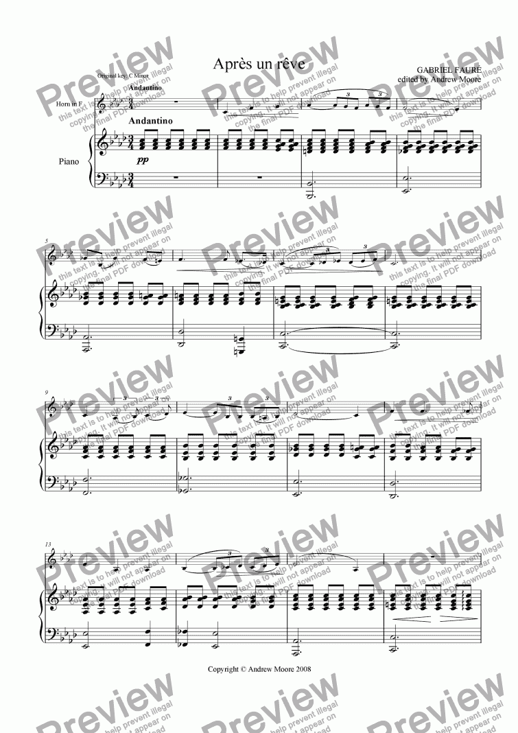 page one of ’Apres un Reve’ for Horn & Piano