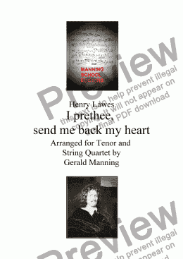 page one of English Song: Lawes, H. - I prethee, send me back my heart -  arranged for Tenor and String Quartet by Gerald Manning