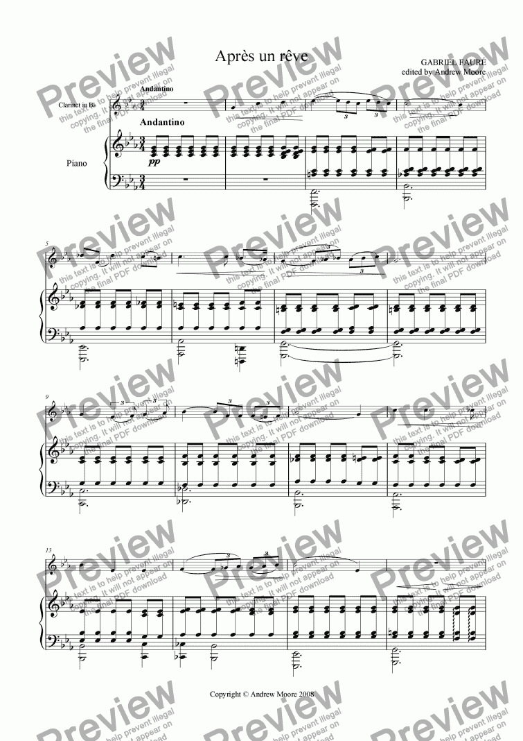 page one of ’Apres un reve’ arranged for Clarinet & Piano