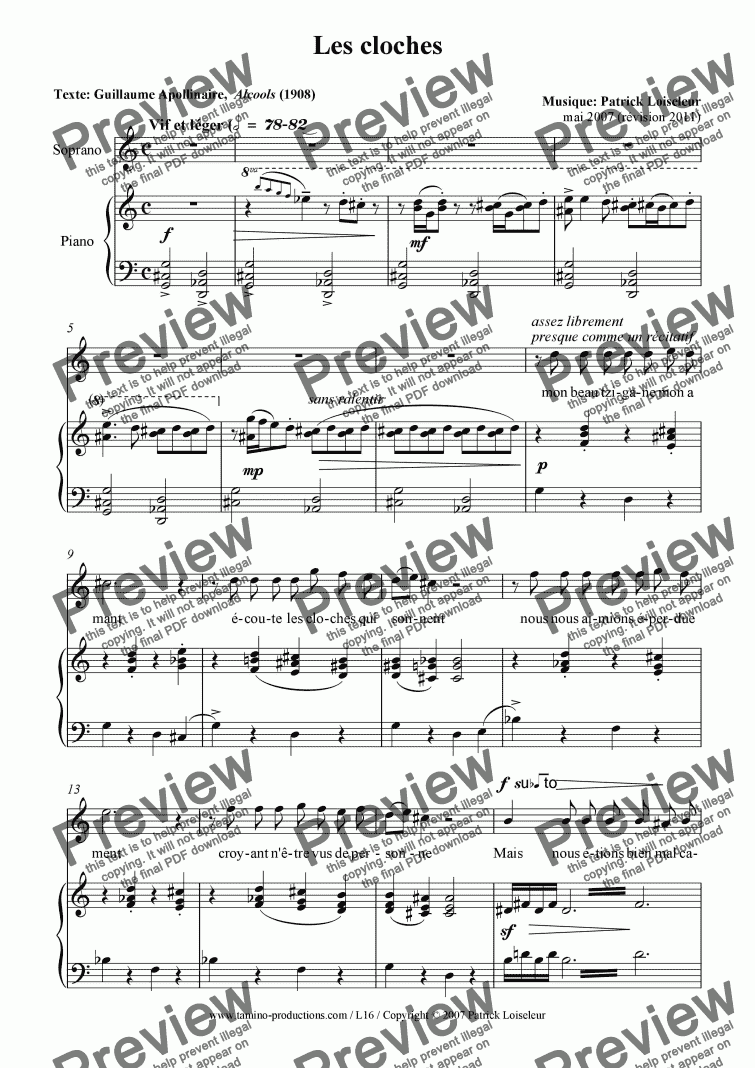 page one of Les cloches (the bells) for soprano and piano