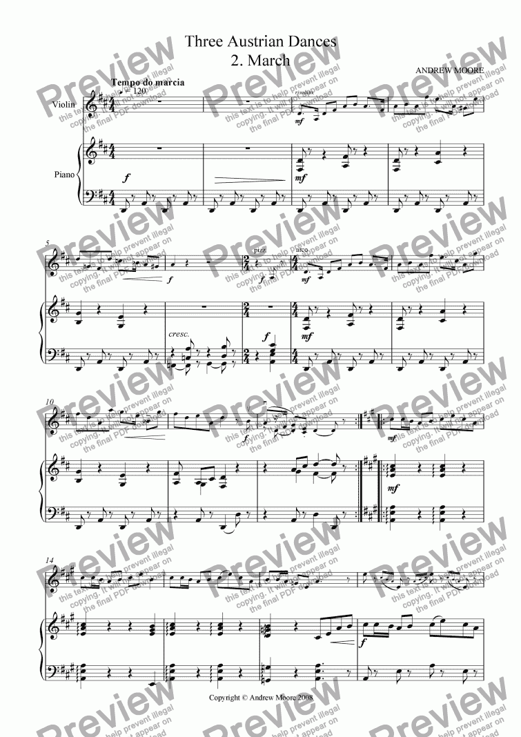 page one of Three Austrian Dances - No 2 - March for Violin & Piano