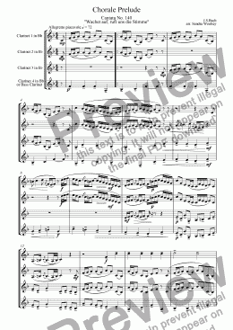 page one of Chorale Prelude on "Wachet auf,ruft uns die stimme" from Cantata 140. Arranged for clarinet quartet.