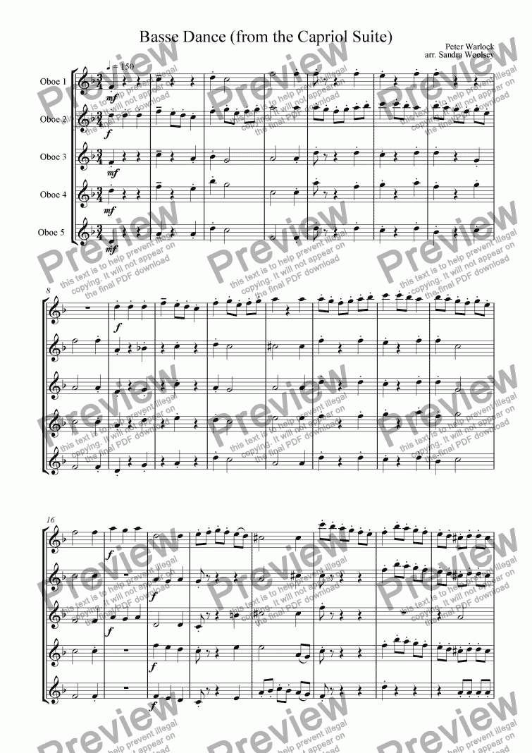 page one of Basse Dance (from the Capriol Suite) for Oboe Quintet
