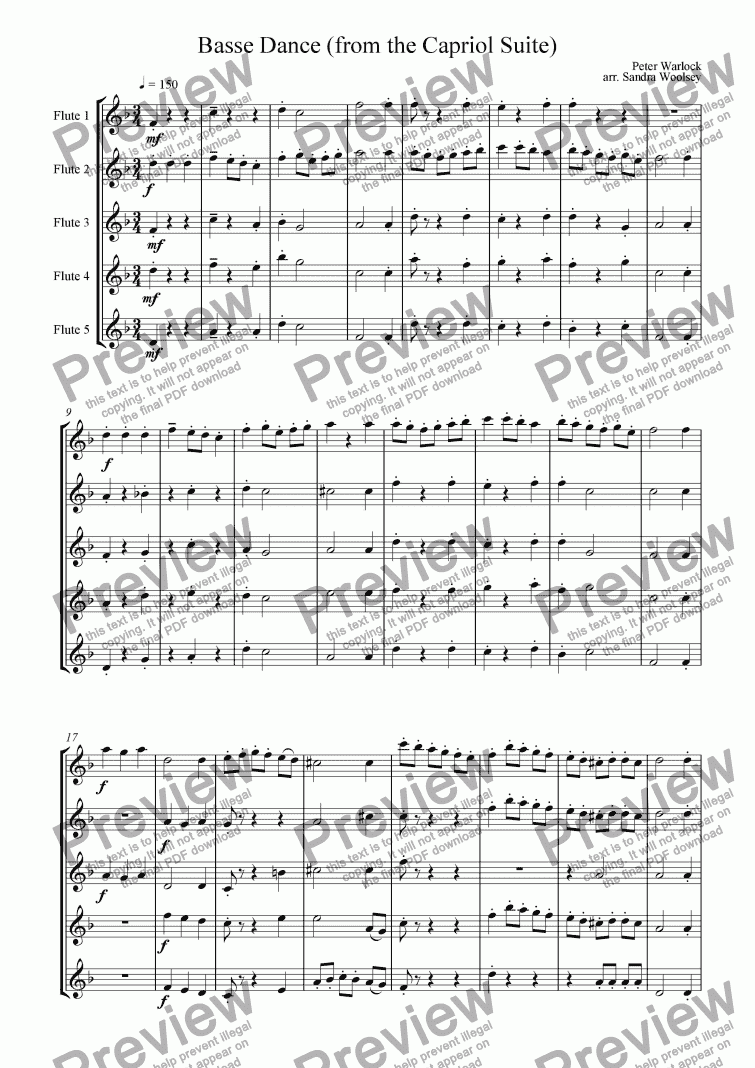 page one of Basse Dance (from the Capriol Suite) for flute quintet