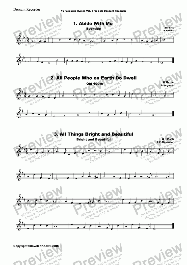 page one of  16 Favourite Hymns Vol.1 for Solo Descant Recorder and Piano