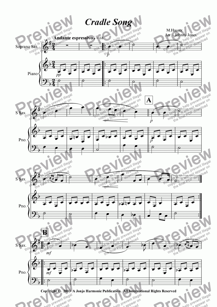page one of Cradle Song   (Soprano Saxophone and Piano)