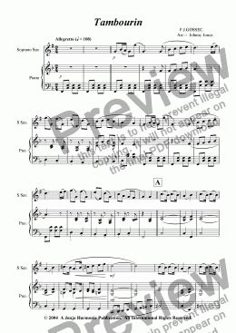 page one of Tambourin   (Gossec's,  Soprano Sax and Piano)