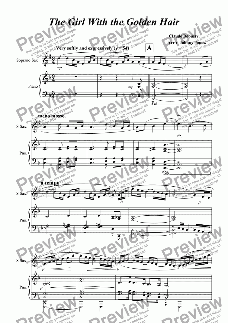 page one of Girl With the Flaxen Hair The.  (Soprano Sax and Piano)
