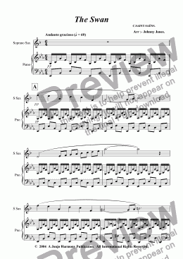 page one of Swan from Carnivale of the Animals The  (Soprano Sax and Piano)