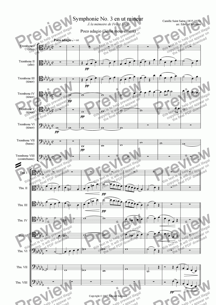 page one of Poco adagio from Symphony No. 3 in c minor for trombone octet