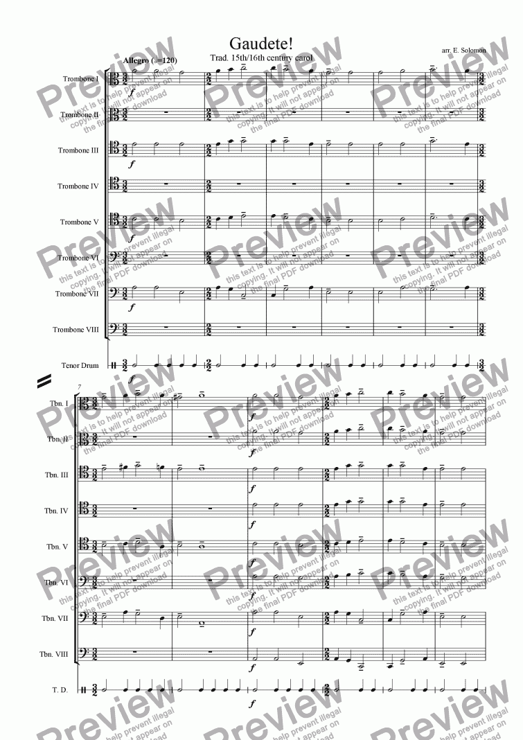 page one of Gaudete! for trombone octet