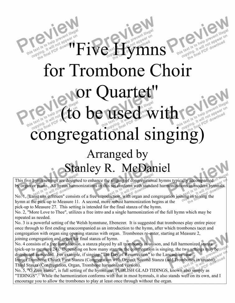 page one of Five Hymns for Trombone Choir
