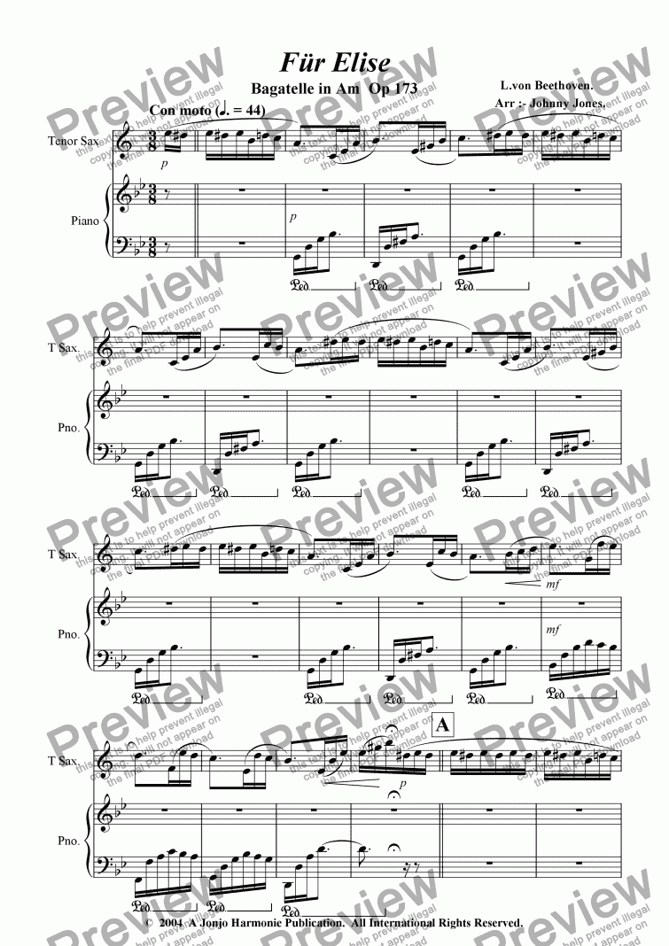 page one of Fur Elise  (from Bagatelle in Am Op. 173. (Tenor Sax and Piano)