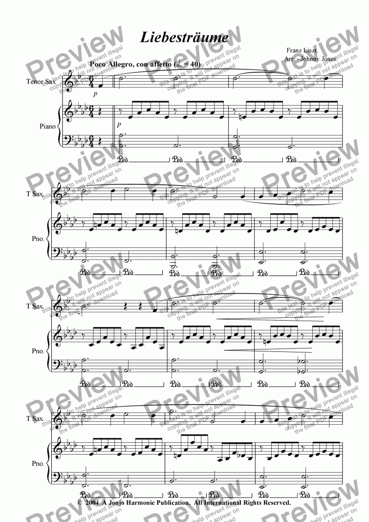 page one of Liebestraume   (Tenor Sax and Piano)