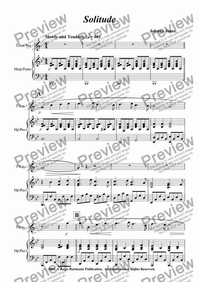 page one of Solitude   (Tenor Sax and Piano)