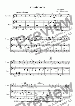 page one of Tambourin   (Gossec's,  Tenor Sax and Piano)