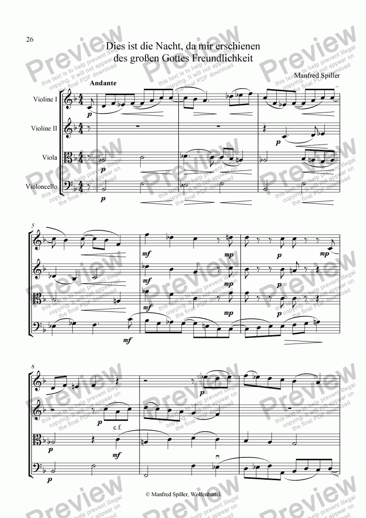 page one of Weihnachtliche Musik für Streichquartett. Dies ist die Nacht, da mir erschienen des grossen Gottes Freundlichkeit.