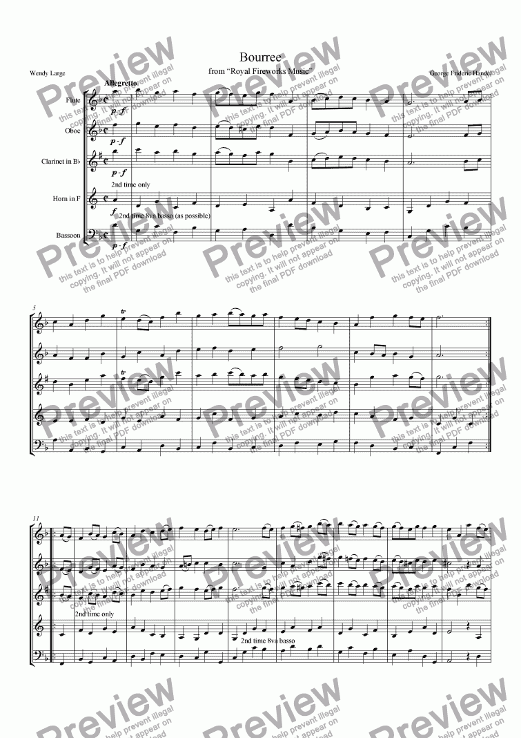 page one of Handel - Royal Fireworks Music Bourree & La Rejouisssance