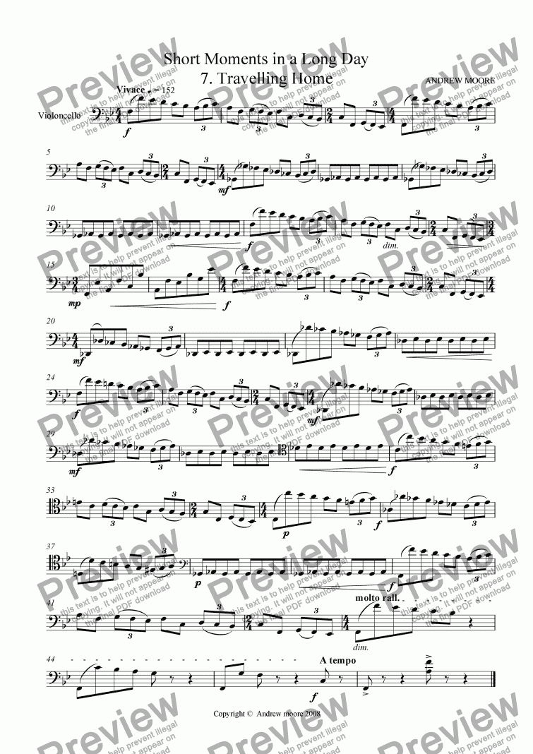 page one of Short Moments in a Long Day No. 7 'Travelling Home' for solo cello