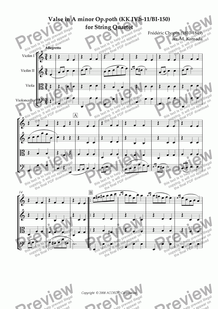 page one of Valse in A minor Op.poth (KK IVb-11/BI-150) for String Quartet