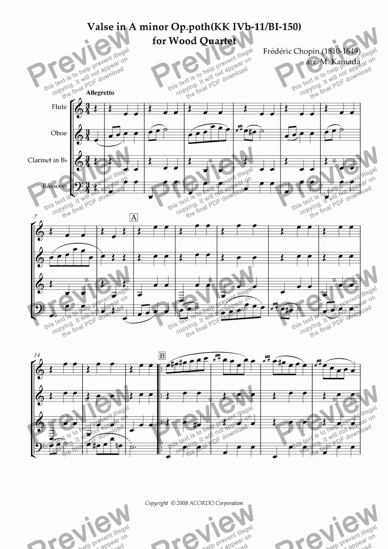 page one of Valse in A minor Op.poth (KK IVb-11/BI-150) for Wood Quartet