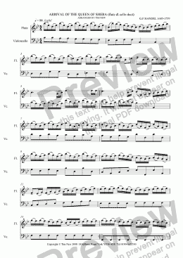 page one of ARRIVAL OF THE QUEEN OF SHEBA (FLUTE & CELLO DUET)