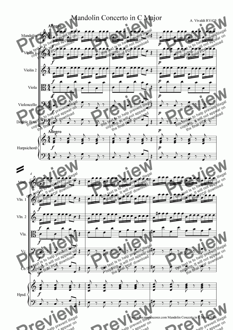 page one of Vivaldi Mandolin Concerto in C Major RV425