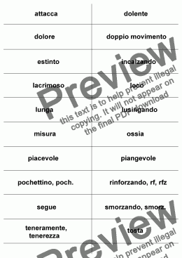 page one of Flash Cards: Additional Italian Terms Grade 5