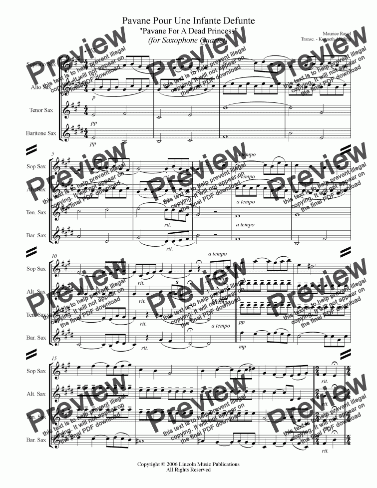 page one of Ravel - Pavane For a Dead Princess (Saxophone Quartet SATB)