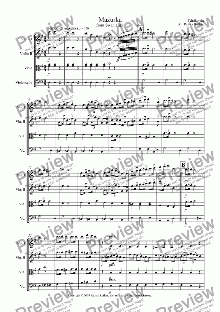 page one of Mazurka from Swan Lake by Tchaikovsky for String Quartet